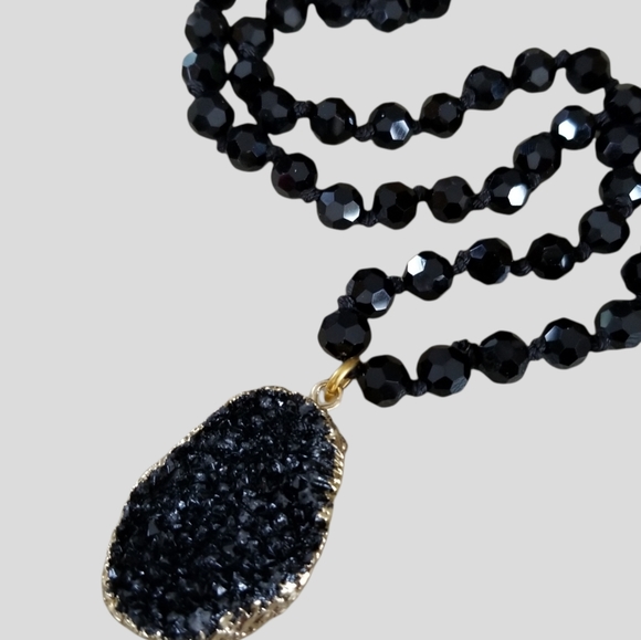 Hand Crafted Glass Bead Necklace With Natural Black Druzy Crystal Pendant - Picture 9 of 16